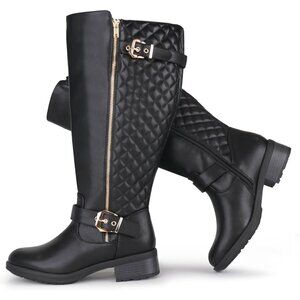 Women Extra Wide Calf Knee High Riding Black Boot Double Buckle Retro Chic Style